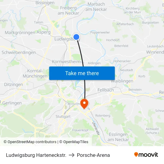 Ludwigsburg Harteneckstr. to Porsche-Arena map