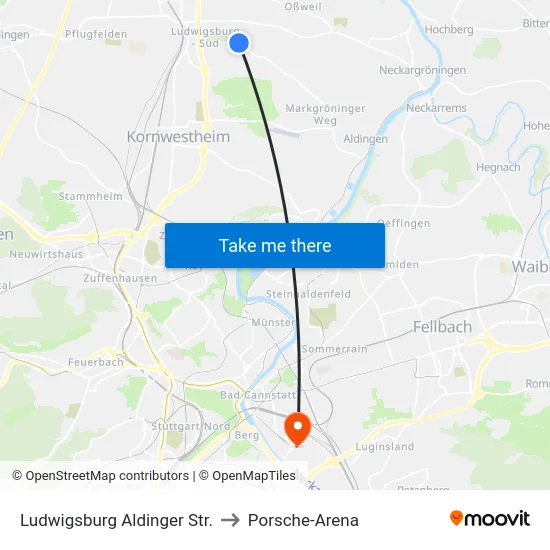 Ludwigsburg Aldinger Str. to Porsche-Arena map