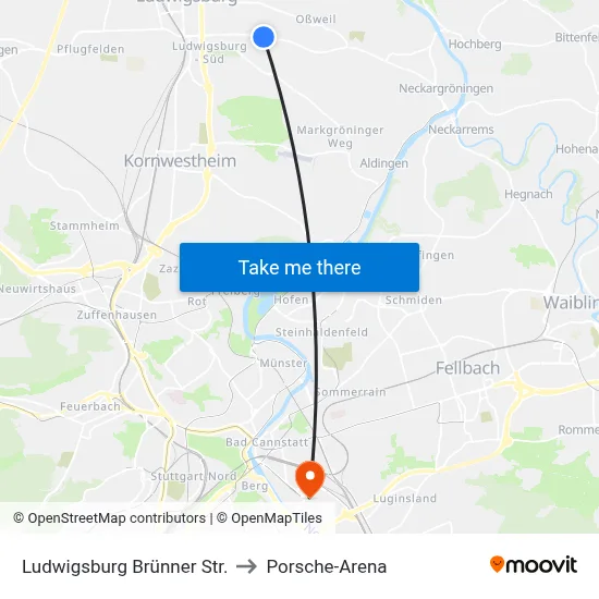 Ludwigsburg Brünner Str. to Porsche-Arena map