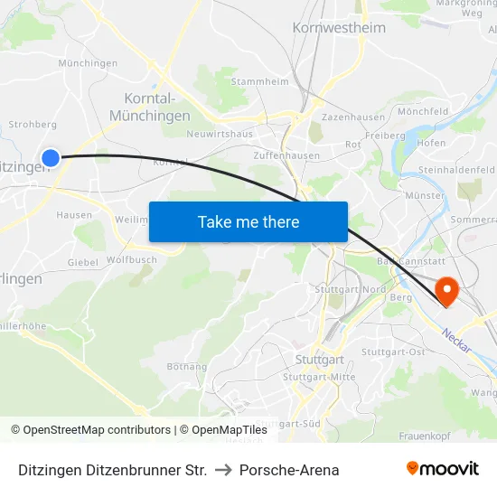 Ditzingen Ditzenbrunner Str. to Porsche-Arena map