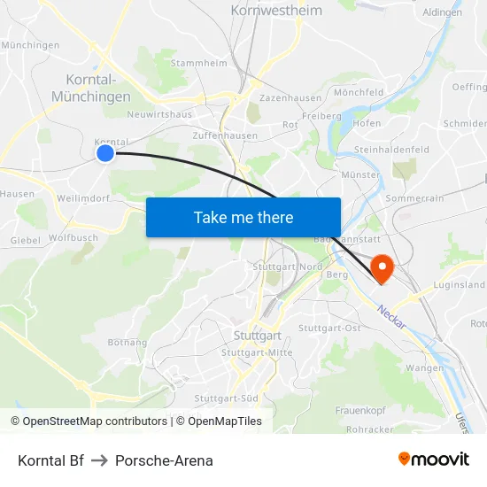 Korntal Bf to Porsche-Arena map