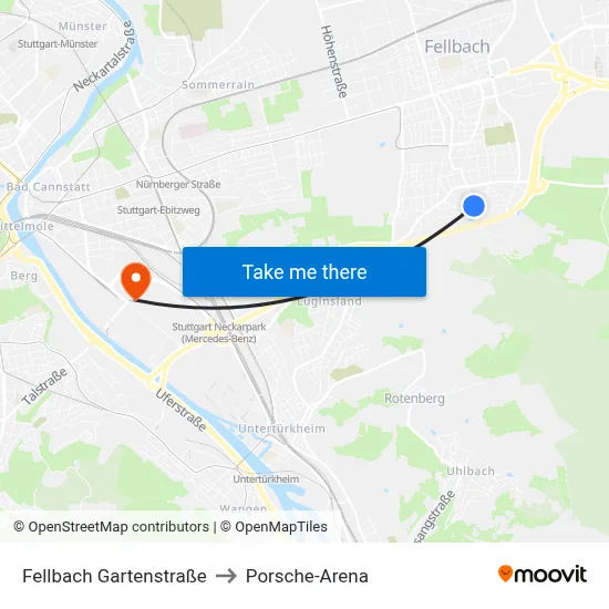 Fellbach Gartenstraße to Porsche-Arena map