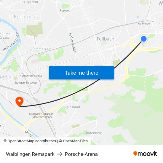 Waiblingen Remspark to Porsche-Arena map