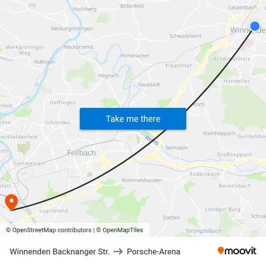 Winnenden Backnanger Str. to Porsche-Arena map