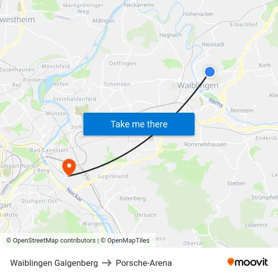 Waiblingen Galgenberg to Porsche-Arena map