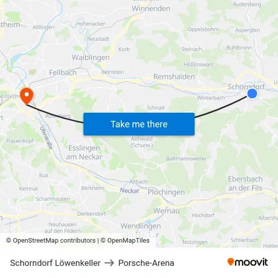 Schorndorf Löwenkeller to Porsche-Arena map