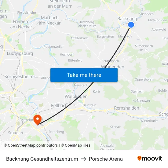 Backnang Gesundheitszentrum to Porsche-Arena map