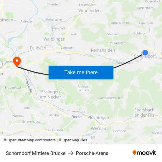 Schorndorf Mittlere Brücke to Porsche-Arena map