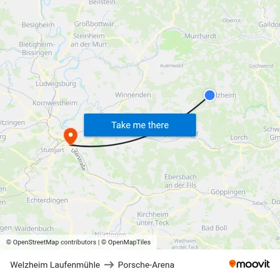 Welzheim Laufenmühle to Porsche-Arena map