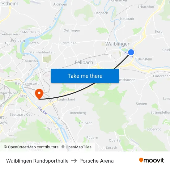 Waiblingen Rundsporthalle to Porsche-Arena map