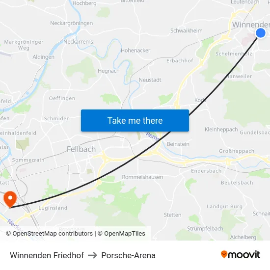 Winnenden Friedhof to Porsche-Arena map