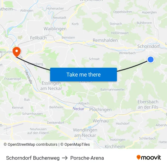 Schorndorf Buchenweg to Porsche-Arena map