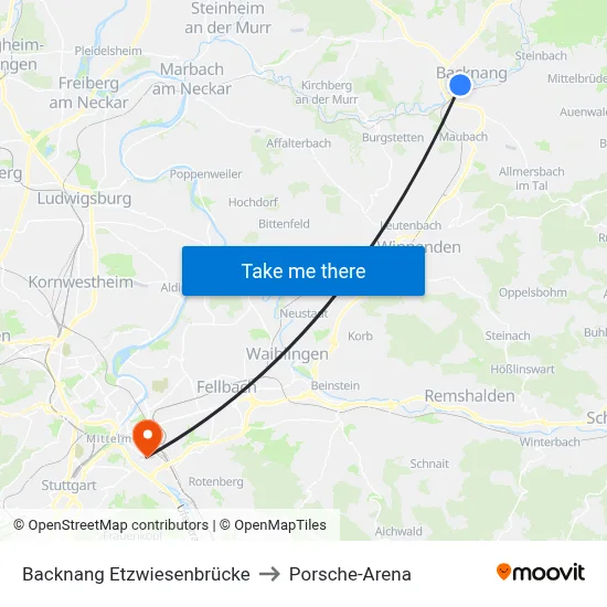 Backnang Etzwiesenbrücke to Porsche-Arena map