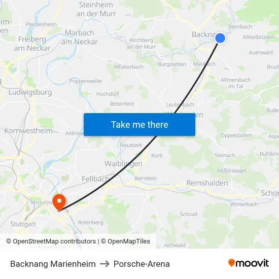 Backnang Marienheim to Porsche-Arena map