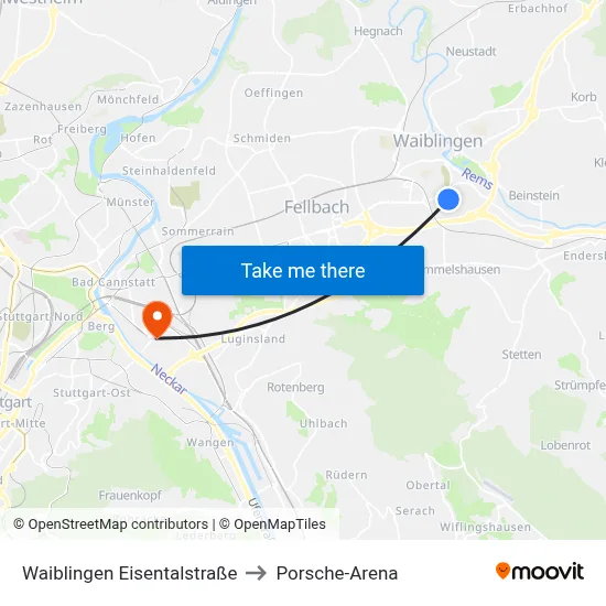 Waiblingen Eisentalstraße to Porsche-Arena map