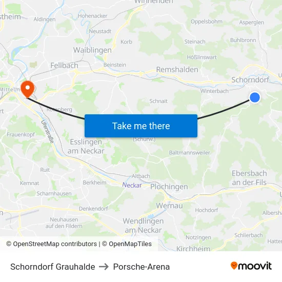 Schorndorf Grauhalde to Porsche-Arena map