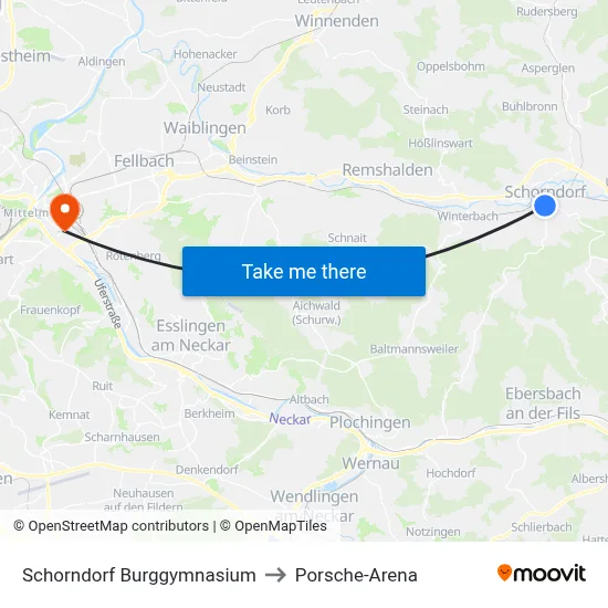 Schorndorf Burggymnasium to Porsche-Arena map