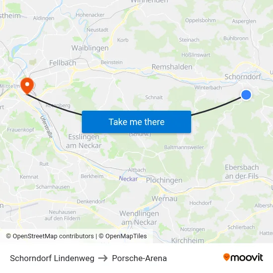 Schorndorf Lindenweg to Porsche-Arena map