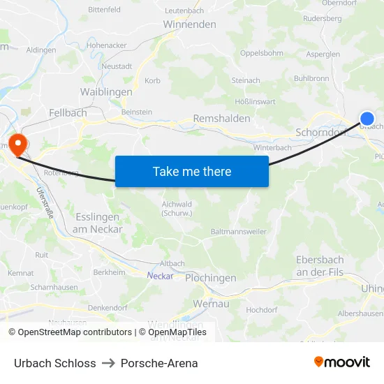 Urbach Schloss to Porsche-Arena map