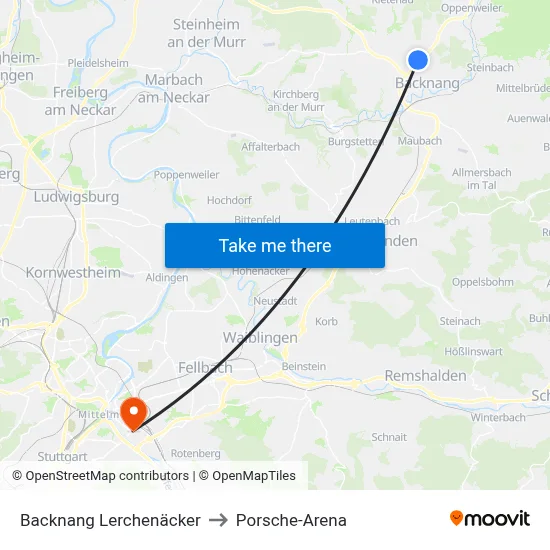 Backnang Lerchenäcker to Porsche-Arena map