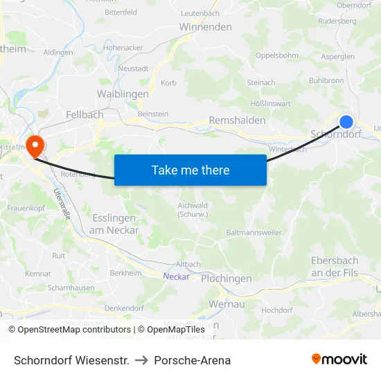 Schorndorf Wiesenstr. to Porsche-Arena map