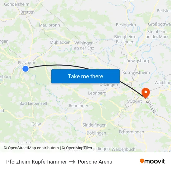 Pforzheim Kupferhammer to Porsche-Arena map