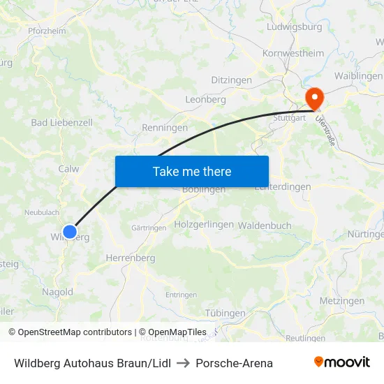 Wildberg Autohaus Braun/Lidl to Porsche-Arena map
