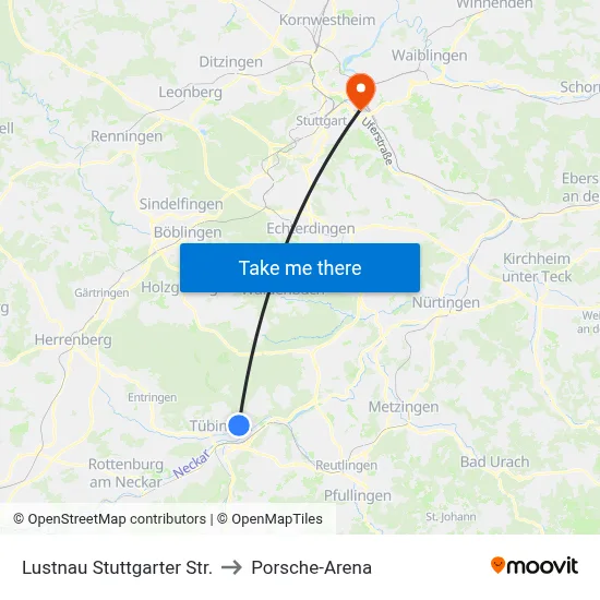 Lustnau Stuttgarter Str. to Porsche-Arena map
