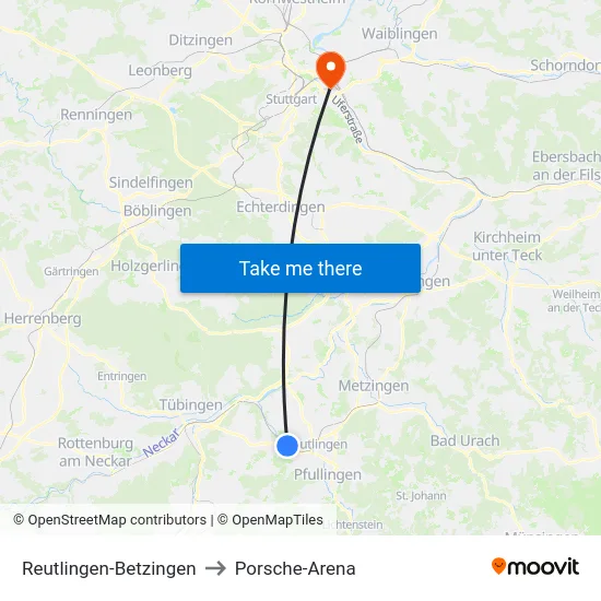 Reutlingen-Betzingen to Porsche-Arena map