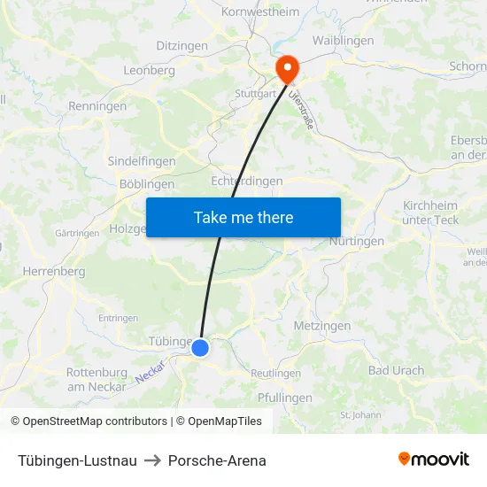 Tübingen-Lustnau to Porsche-Arena map