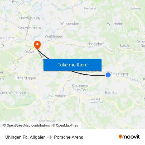 Uhingen Fa. Allgaier to Porsche-Arena map