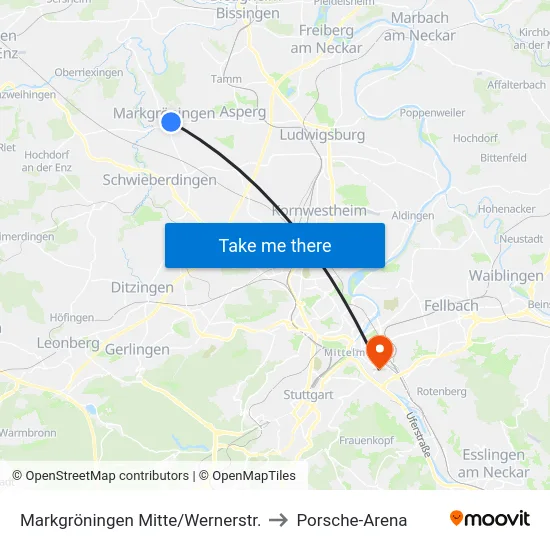 Markgröningen Mitte/Wernerstr. to Porsche-Arena map