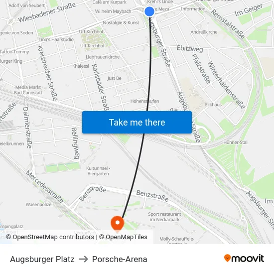 Augsburger Platz to Porsche-Arena map