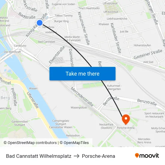 Bad Cannstatt Wilhelmsplatz to Porsche-Arena map