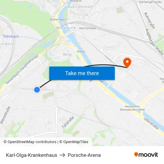 Karl-Olga-Krankenhaus to Porsche-Arena map