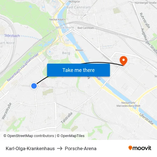 Karl-Olga-Krankenhaus to Porsche-Arena map