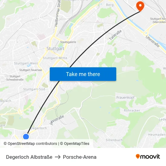 Degerloch Albstraße to Porsche-Arena map