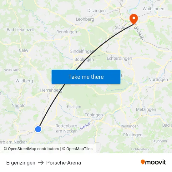 Ergenzingen to Porsche-Arena map