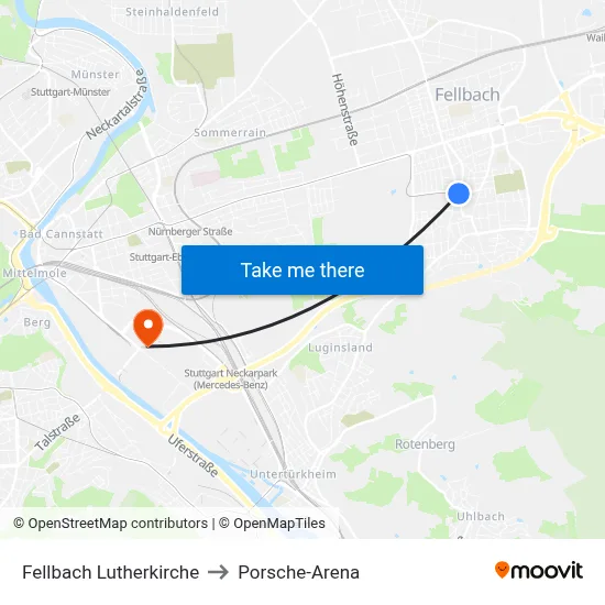 Fellbach Lutherkirche to Porsche-Arena map