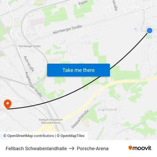 Fellbach Schwabenlandhalle to Porsche-Arena map