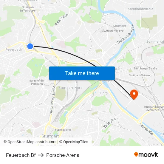 Feuerbach Bf to Porsche-Arena map