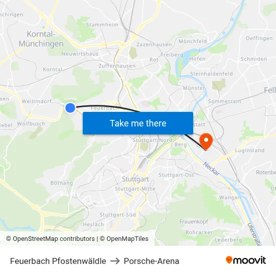 Feuerbach Pfostenwäldle to Porsche-Arena map