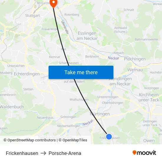 Frickenhausen to Porsche-Arena map