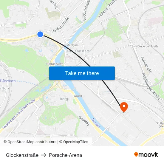 Glockenstraße to Porsche-Arena map