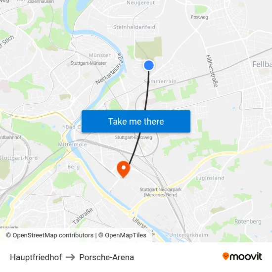 Hauptfriedhof to Porsche-Arena map