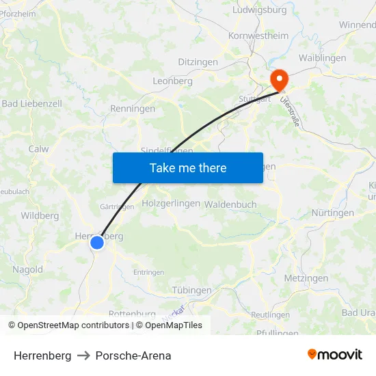 Herrenberg to Porsche-Arena map