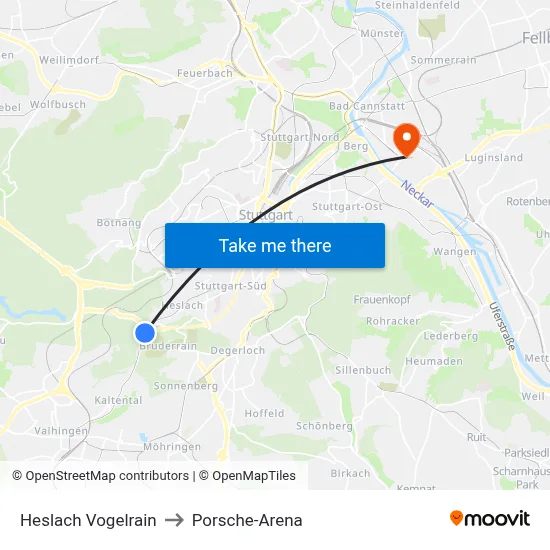 Heslach Vogelrain to Porsche-Arena map