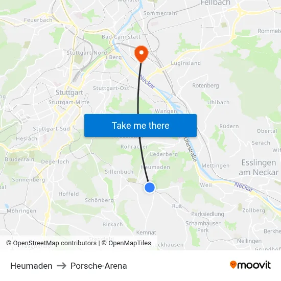 Heumaden to Porsche-Arena map