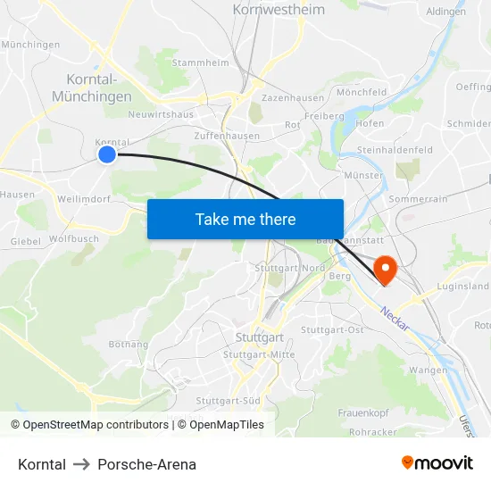 Korntal to Porsche-Arena map