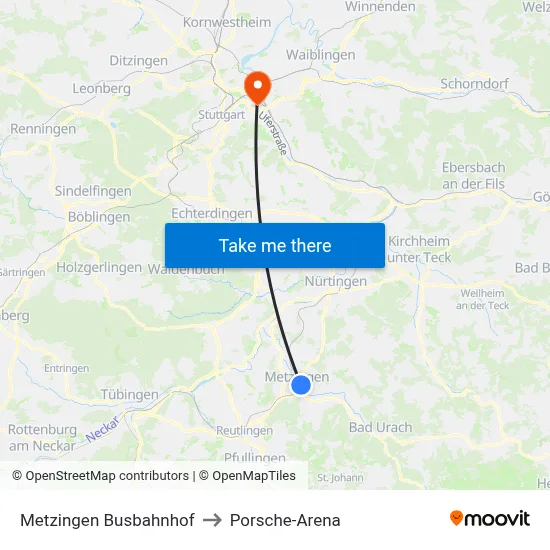 Metzingen Busbahnhof to Porsche-Arena map